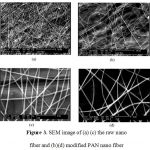 Figure 3. SEM image of (a) (c) the raw nano fiber and (b)(d) modified PAN nano fiber