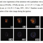 Fig.2 a) High speed color registration of the initiation with a palladium wire and flame propagation in mixes a) 30%CH4 +70%H2+air mix,  = 0.7, P = 1.75 atm, 2700C, 600 s-1; b) 30%C2H6 +70%H2+air, = 0.6, P= 1.75 atm, 390C , 300 s-1. Numbers in each frame correspond to consecutive number of the video image during the ignition 